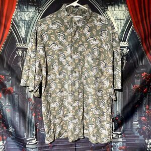 Columbia Buttin-Down Shirt Men's L Yellow Fish Print Short Sleeve Summer Casual